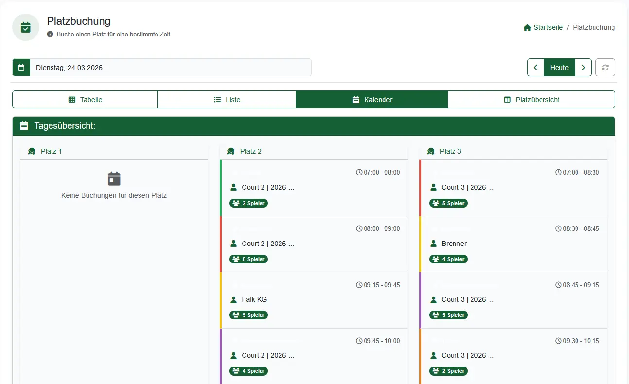 Availability view in the tennis court booking system