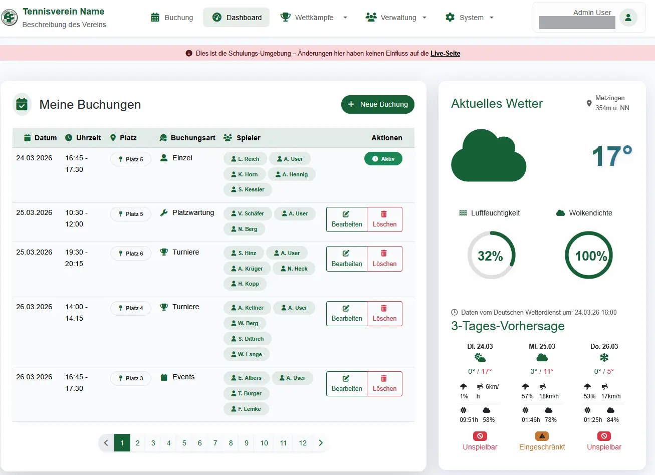 Dashboard der Vereinssoftware e-MasterClub